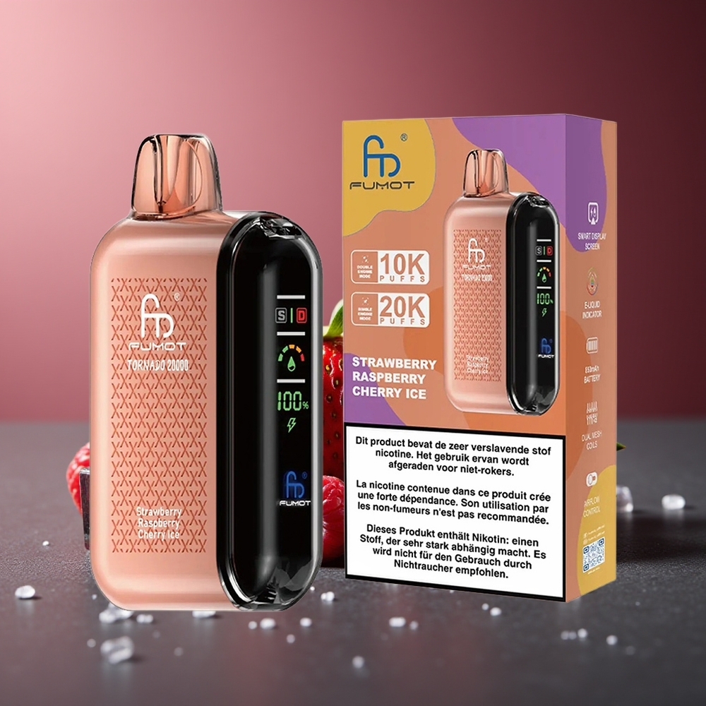 Fumot Tornado 20000 Pufuri Capsuni Zmeură Gheață Baterie Reîncărcabilă 850mAh Afișaj Smart